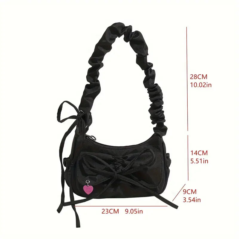 Black Oxford Fabric Handbag  with Adjustable Bowknot Strap