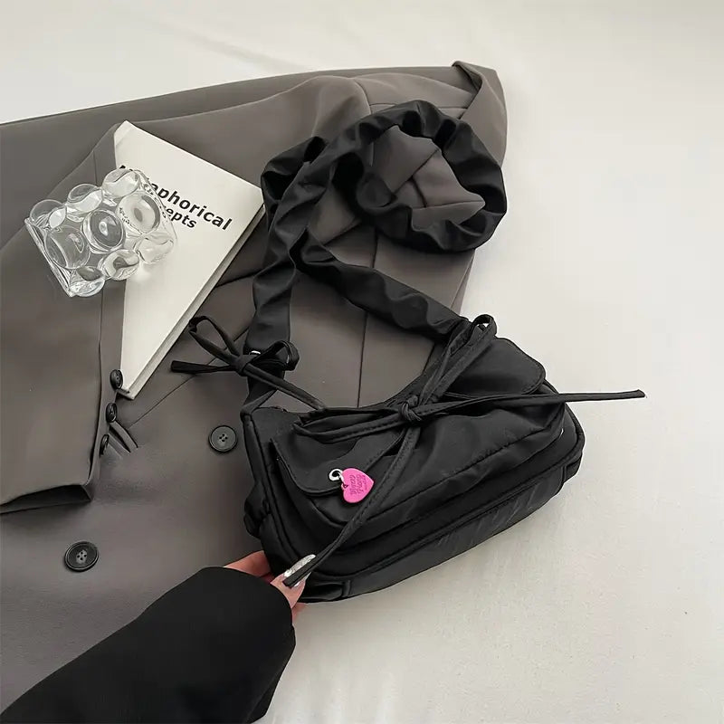 Black Oxford Fabric Handbag  with Adjustable Bowknot Strap