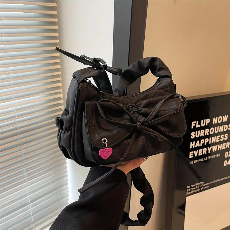 Black Oxford Fabric Handbag  with Adjustable Bowknot Strap