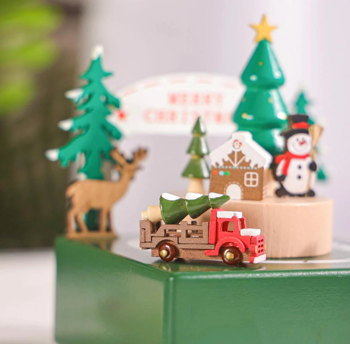 Christmas Truck Wind-Up Rotating Wooden Music Box