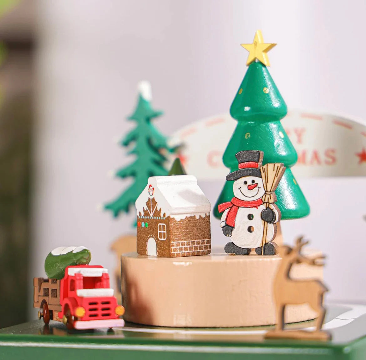 Christmas Truck Wind-Up Rotating Wooden Music Box