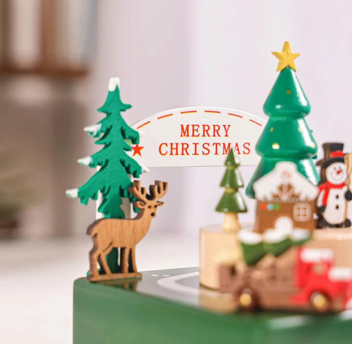 Christmas Truck Wind-Up Rotating Wooden Music Box