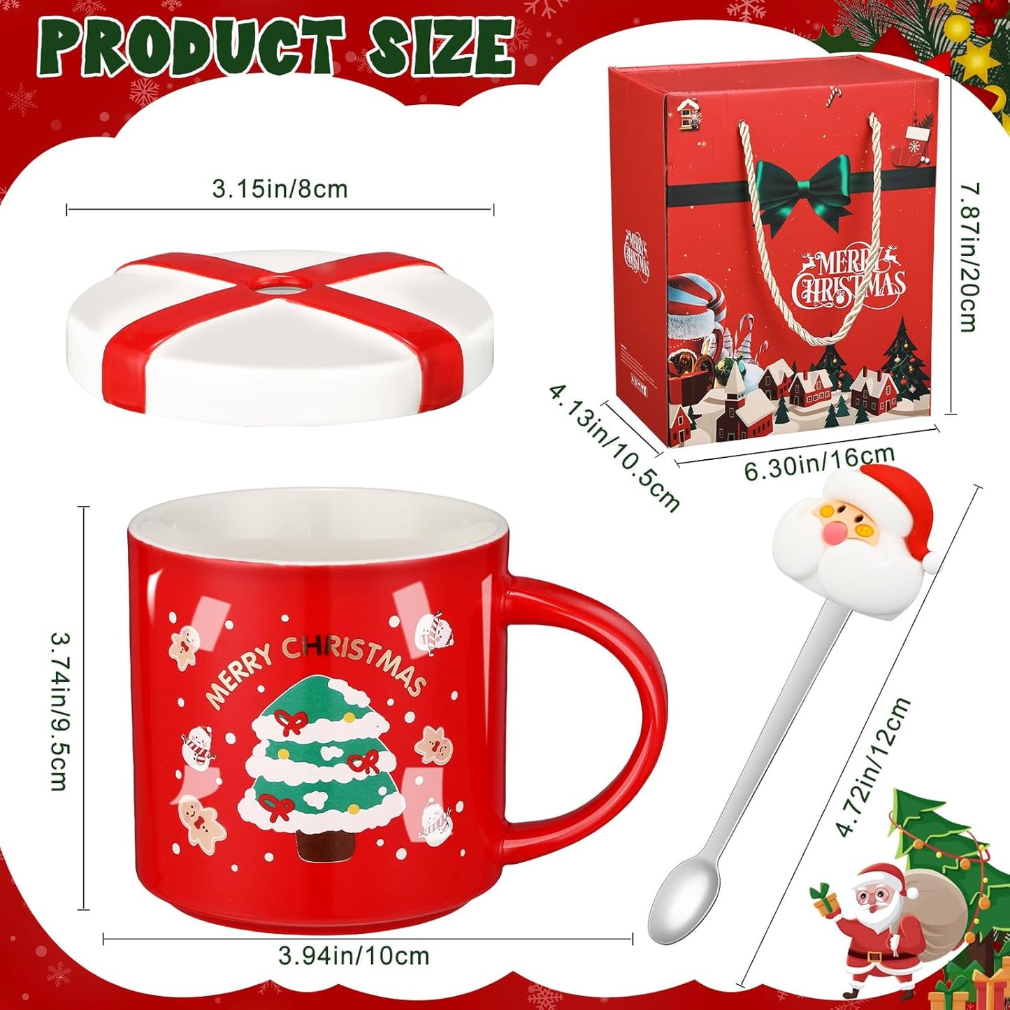 Ceramic Mug with Spoon and Lid- Christmas Gift - Red Santa