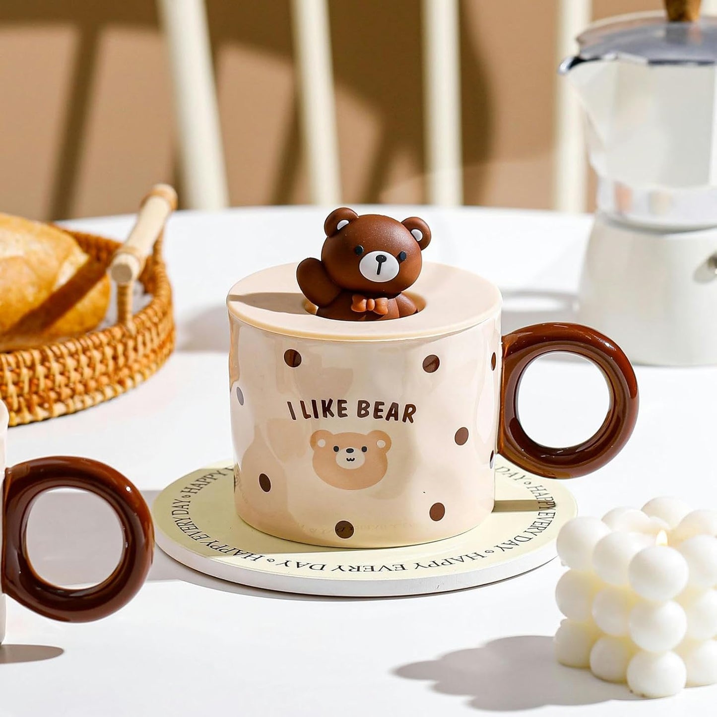 Korean Kawaii Bear ceramic coffee cup with lid