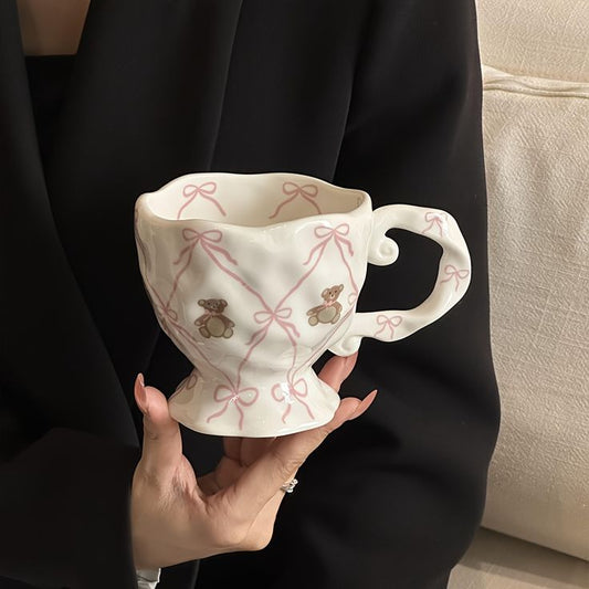 Handmade Pink Bow Teddy Irregular Ceramic Mug