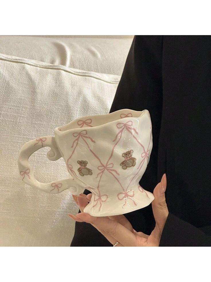 Handmade Pink Bow Teddy Irregular Ceramic Mug