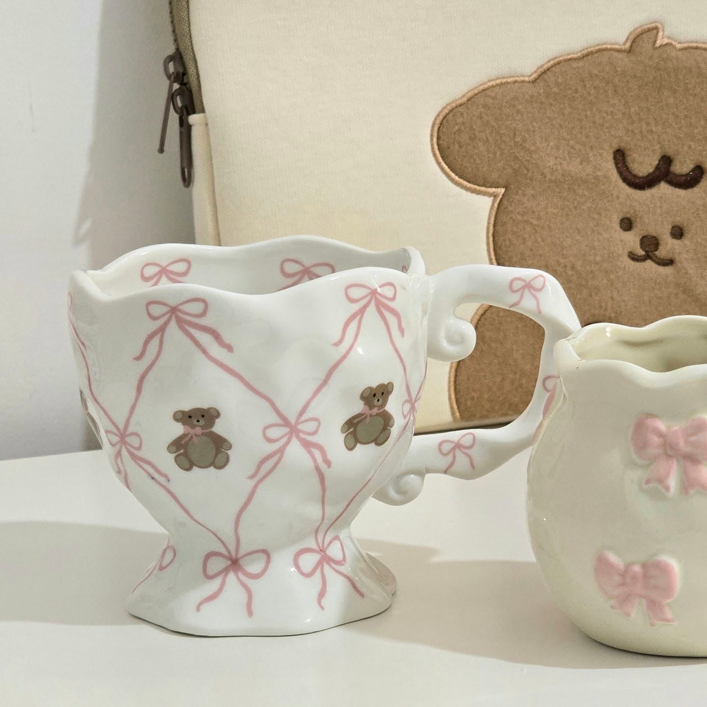 Handmade Pink Bow Teddy Irregular Ceramic Mug