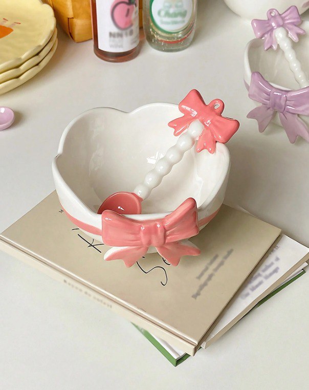 Charming Ceramic Bow Bowl with Spoon