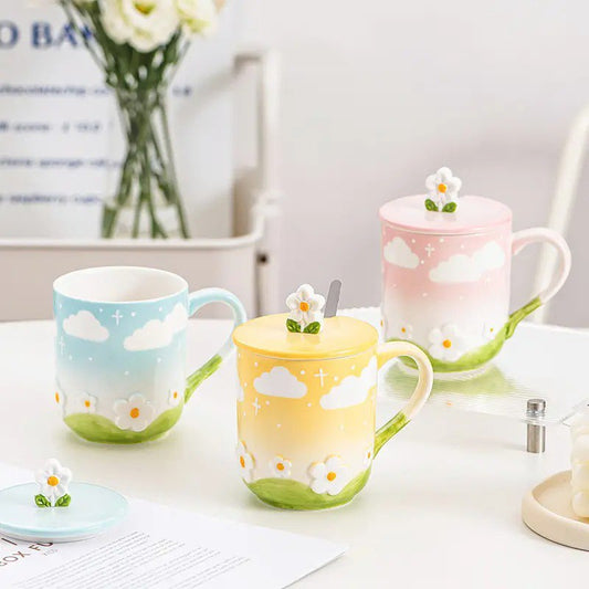 Flower embossed Ceramic Cup with Lid
