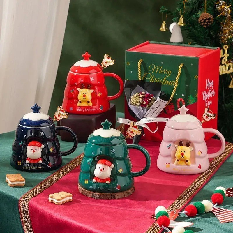 Christmas Tree Santa Claus Ceramic Mug with Lid - Green