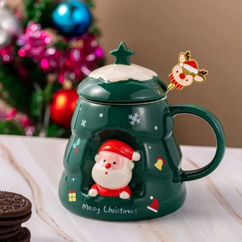 Christmas Tree Santa Claus Ceramic Mug with Lid - Green