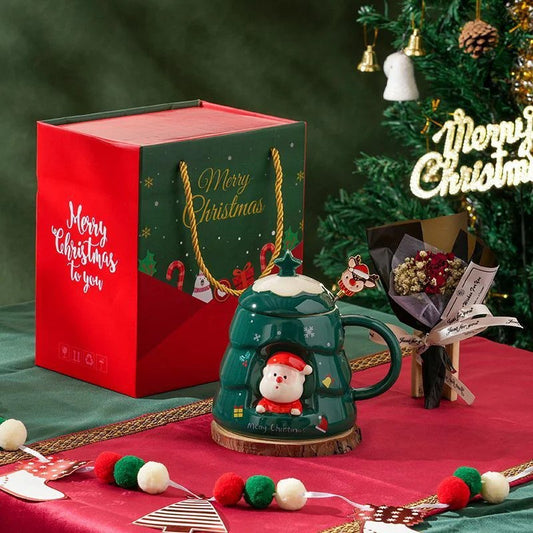 Christmas Tree Santa Claus Ceramic Mug with Lid - Green