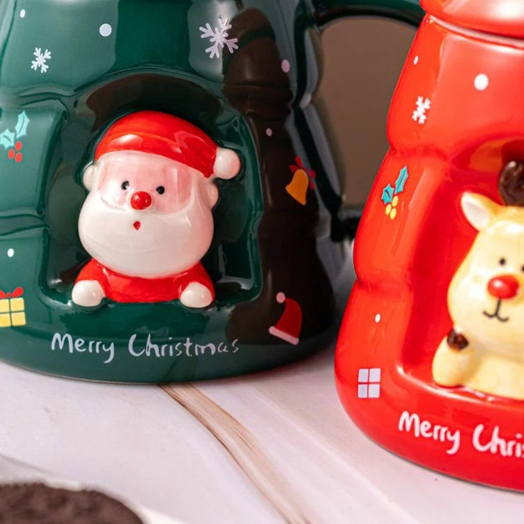 Christmas Tree Santa Claus Ceramic Mug with Lid - Green