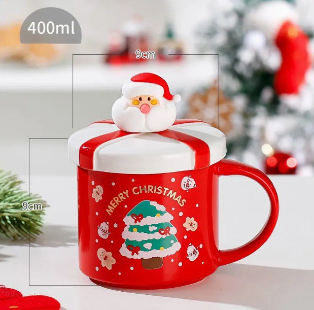 Ceramic Mug with Spoon and Lid- Christmas Gift - Red Santa