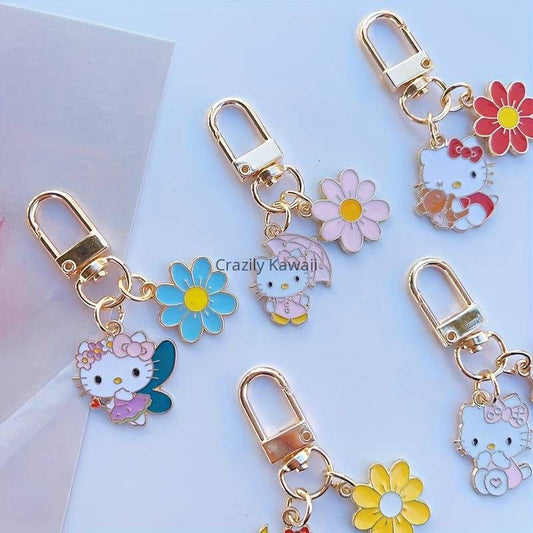 Kawaii kitty with Flower Alloy Pendent Keychain