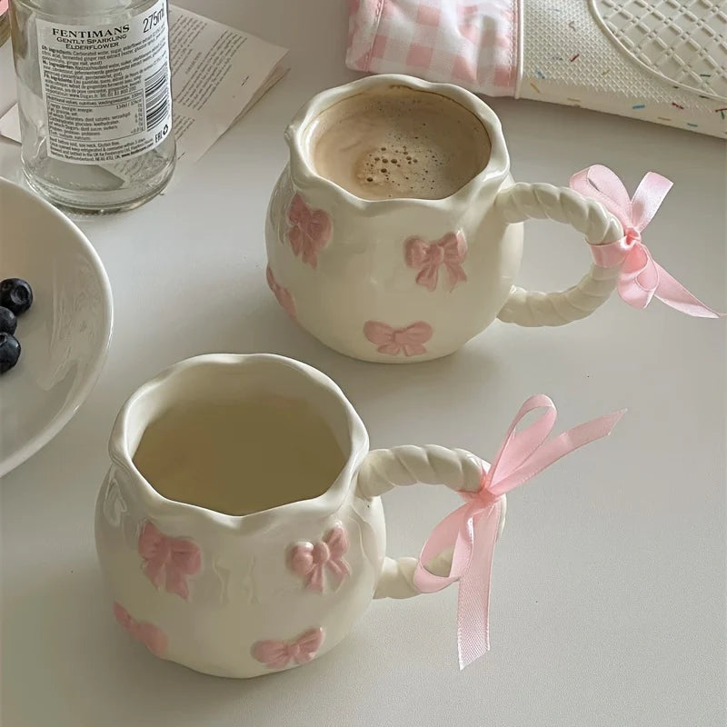 Handmade Irregular Pink Bow Ceramic Mug - Gift Packing