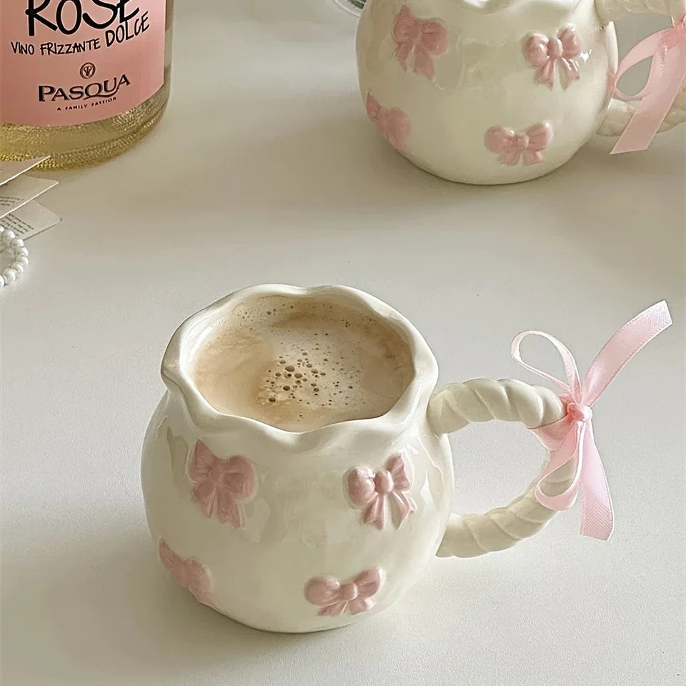 Handmade Irregular Pink Bow Ceramic Mug - Gift Packing