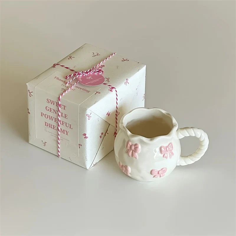 Handmade Irregular Pink Bow Ceramic Mug - Gift Packing