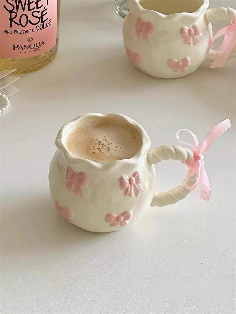 Handmade Irregular Pink Bow Ceramic Mug - Gift Packing