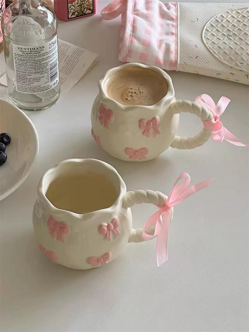 Handmade Irregular Pink Bow Ceramic Mug - Gift Packing