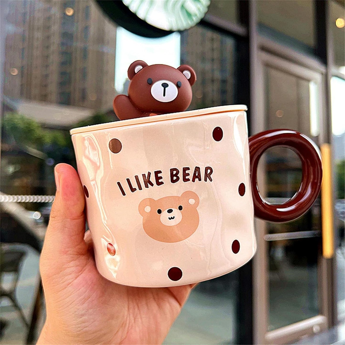 Korean Kawaii Bear ceramic coffee cup with lid