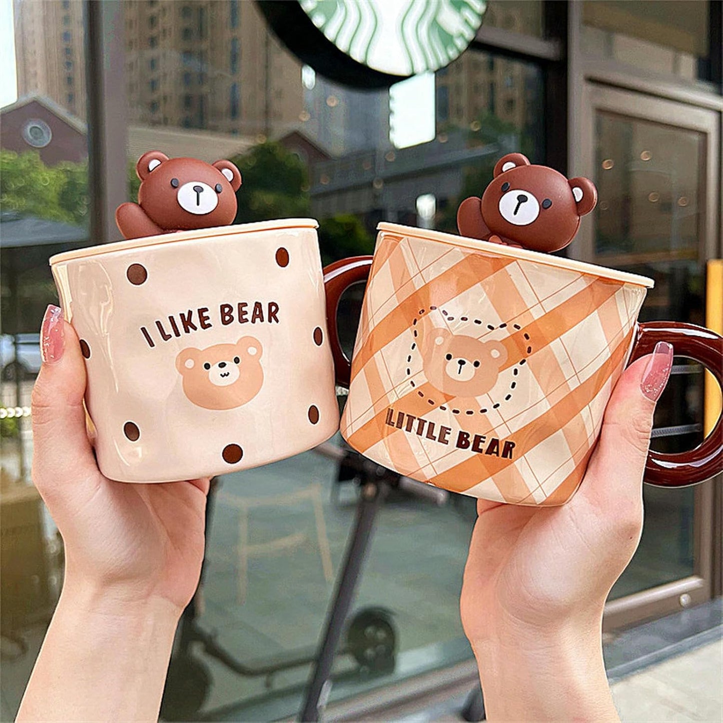 Korean Kawaii Bear ceramic coffee cup with lid