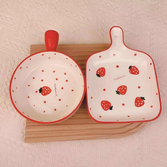 Hand-Painted Strawberry Ceramic Handle Bowl and Handle Plate