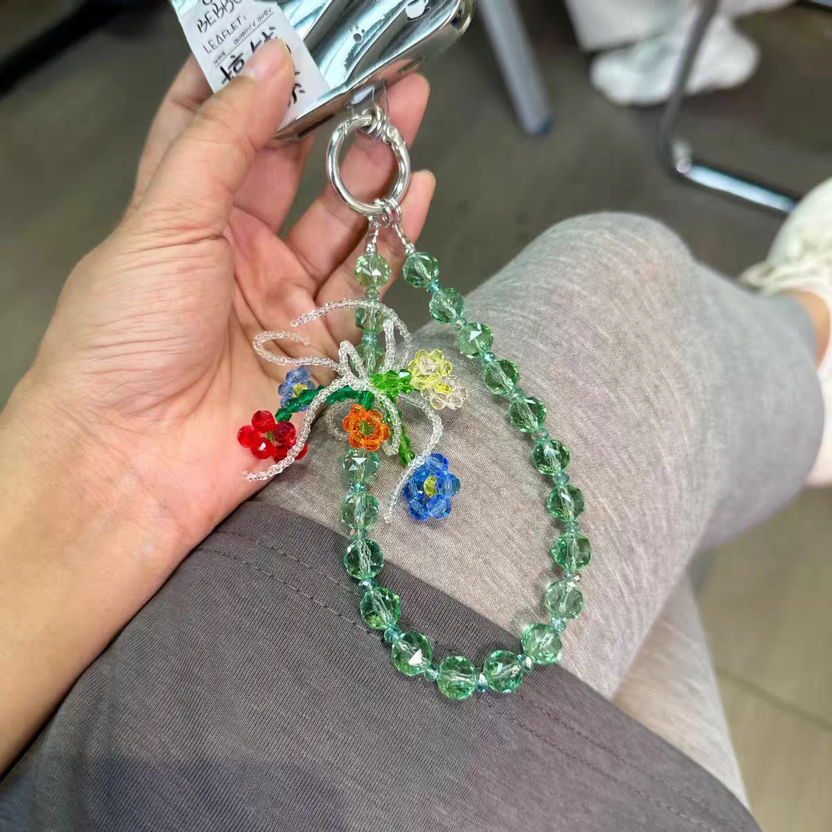 Handmade Green Crystal Strap with Colorful Flowers Charms