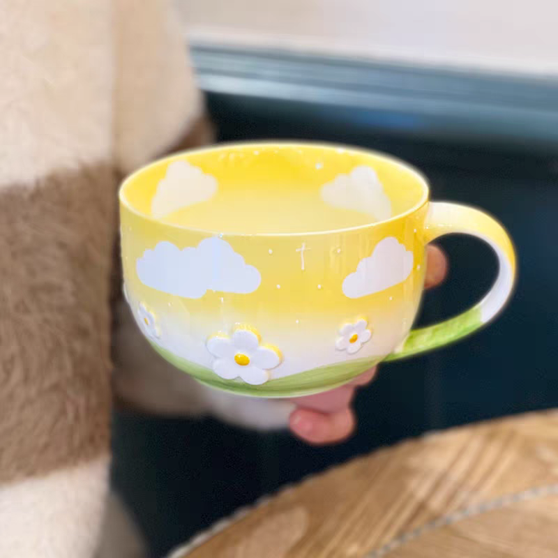 Hand-Painted Ceramic Breakfast Mug with Embossed Floral Cloud Design – Large Capacity for Milk & Oatmeal