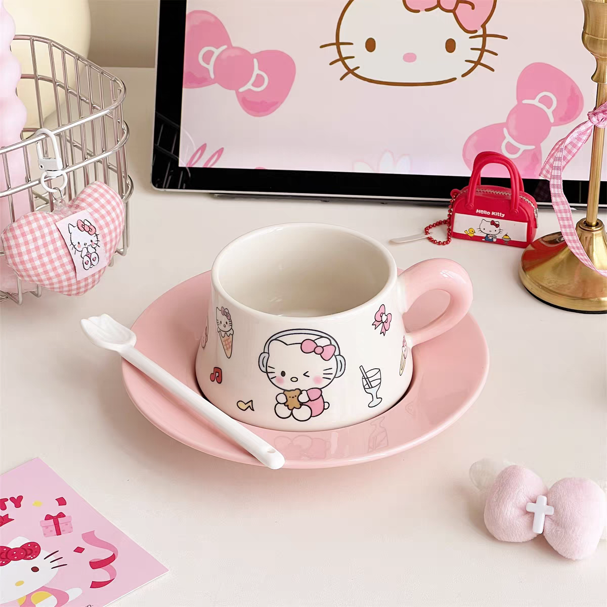 Cute Hello Kitty Cup Saucer and Spoon