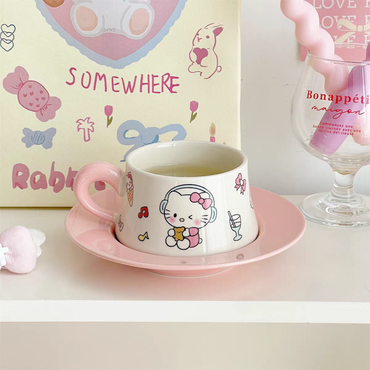 Cute Hello Kitty Cup Saucer and Spoon