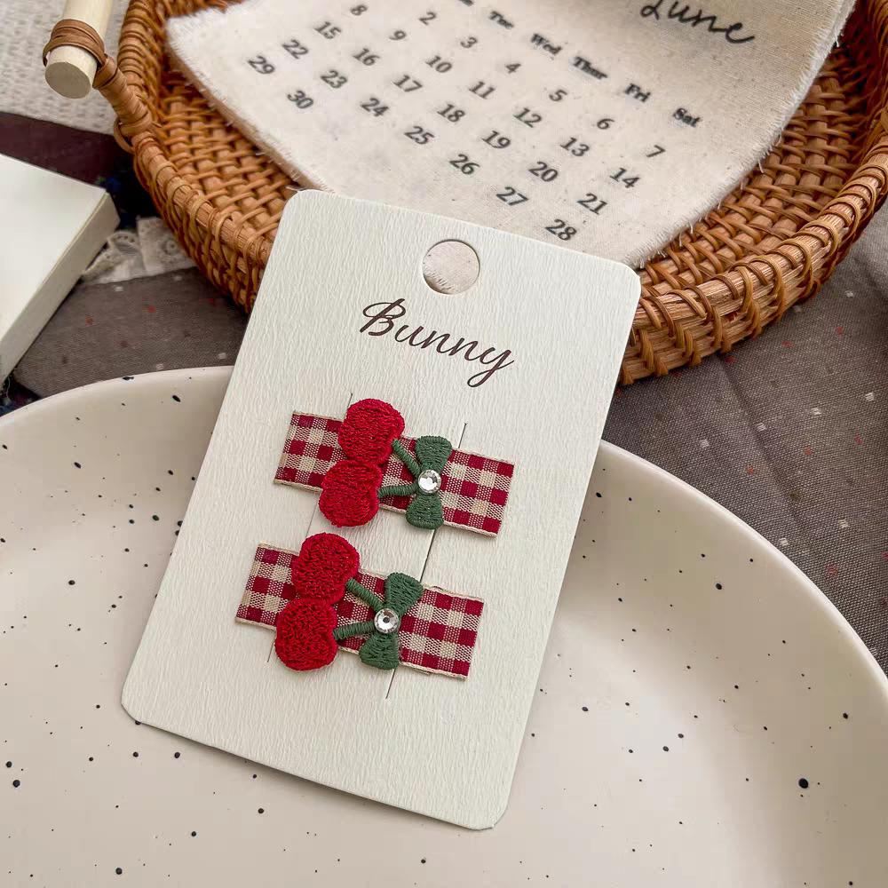 Cute Red Plaid Cherry Hair Clips Set