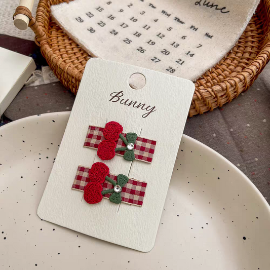 Cute Red Plaid Cherry Hair Clips Set
