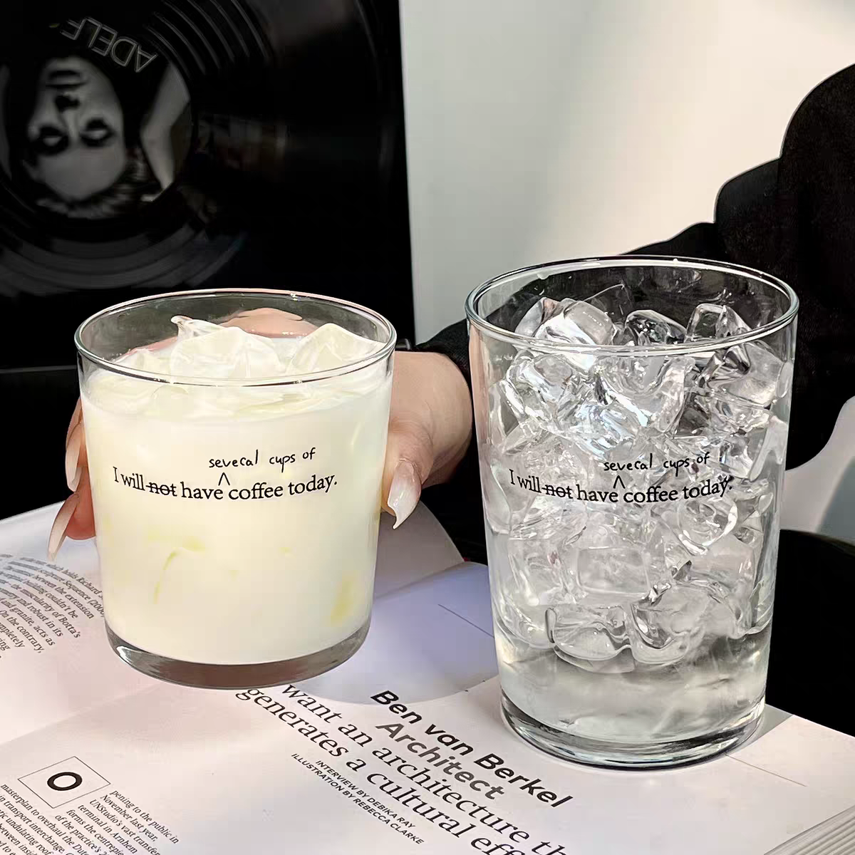 Japanese-Style Printed Latte Glass Cup - Thin Clear Glass