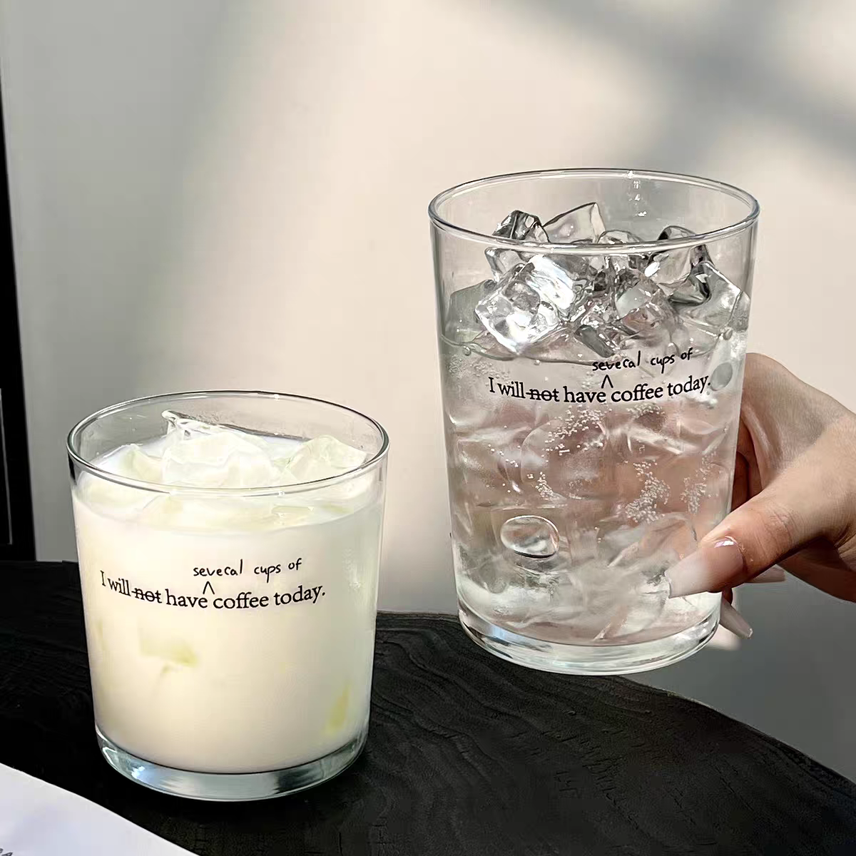 Japanese-Style Printed Latte Glass Cup - Thin Clear Glass