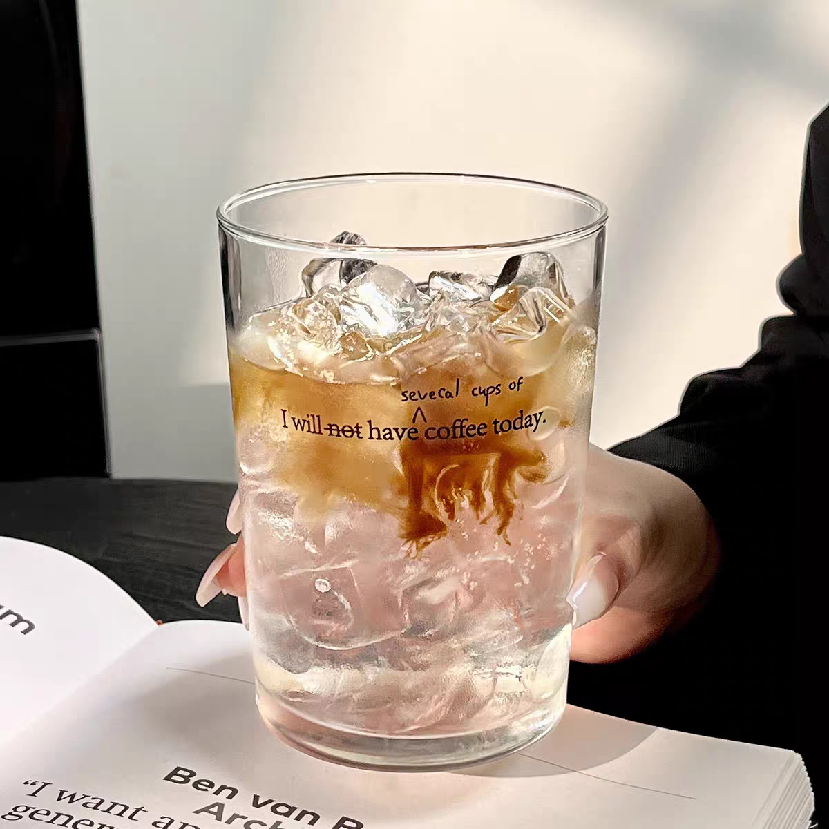 Japanese-Style Printed Latte Glass Cup - Thin Clear Glass