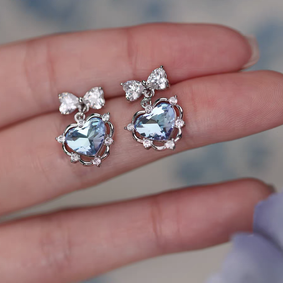 Aquamarine Blue Rhinestone Heart Earrings