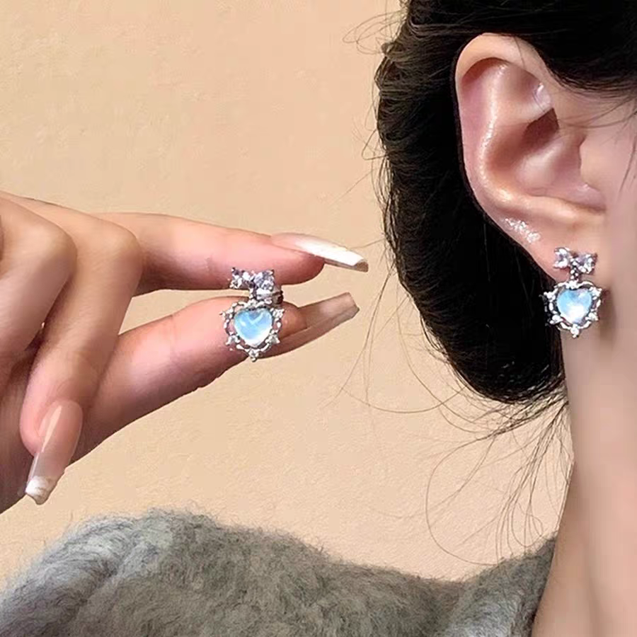 Aquamarine Blue Rhinestone Heart Earrings