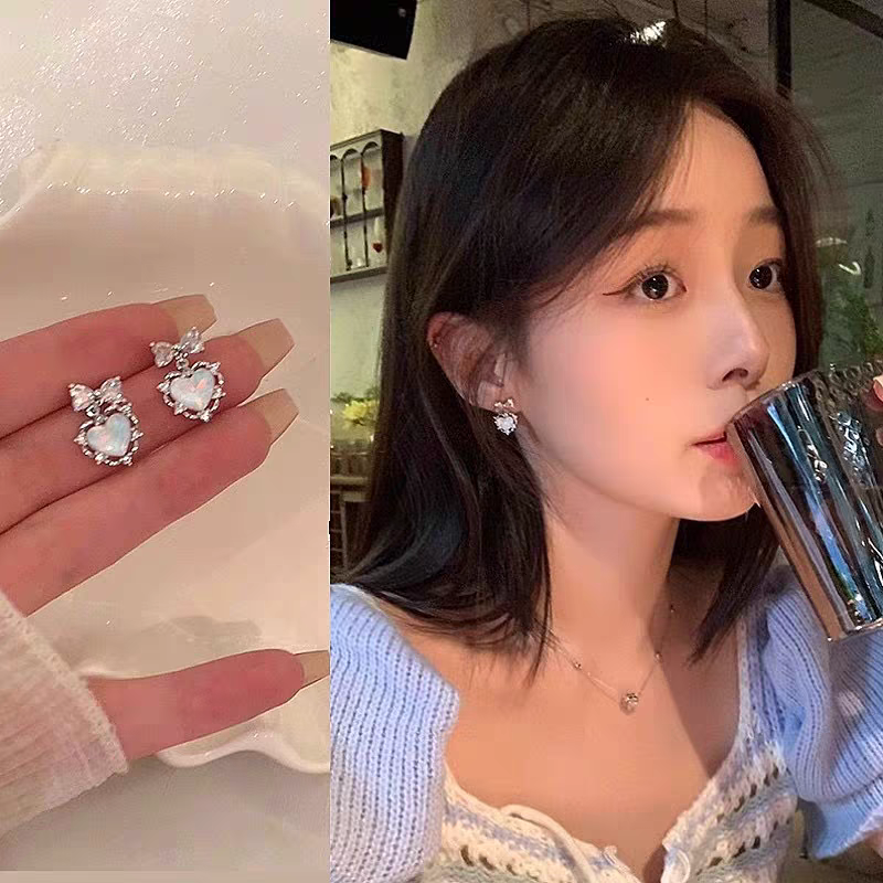 Aquamarine Blue Rhinestone Heart Earrings