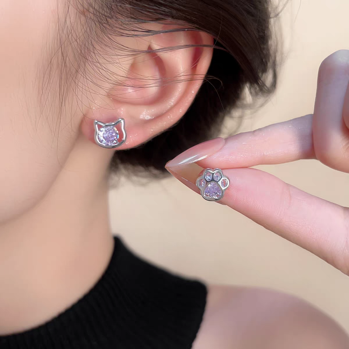 Kitty & Paw Rhinestone Tiny Minimalist Stud Earrings
