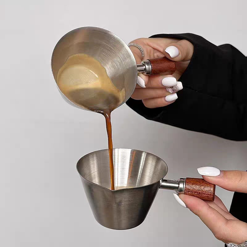 100ml Espresso Coffee Cup Brushed Stainless Steel Measuring Cup - Round Wooden Handle