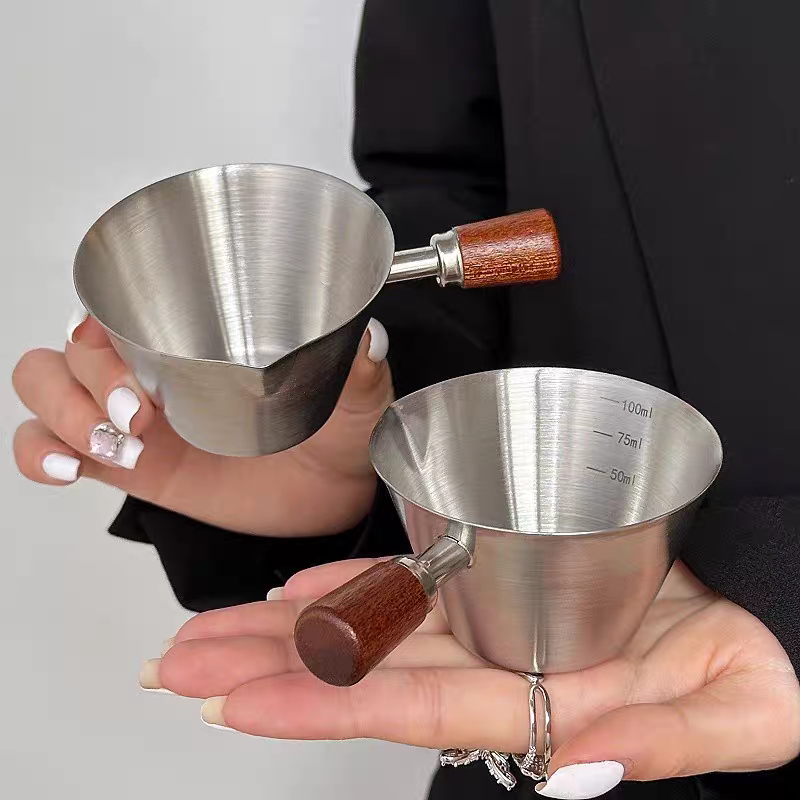 100ml Espresso Coffee Cup Brushed Stainless Steel Measuring Cup - Round Wooden Handle