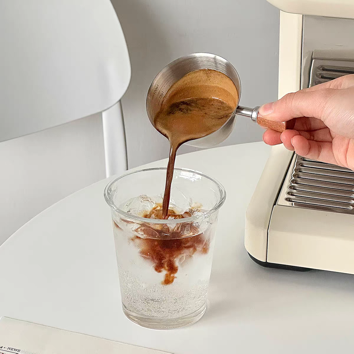 100ml Espresso Coffee Cup Brushed Stainless Steel Measuring Cup - Round Wooden Handle
