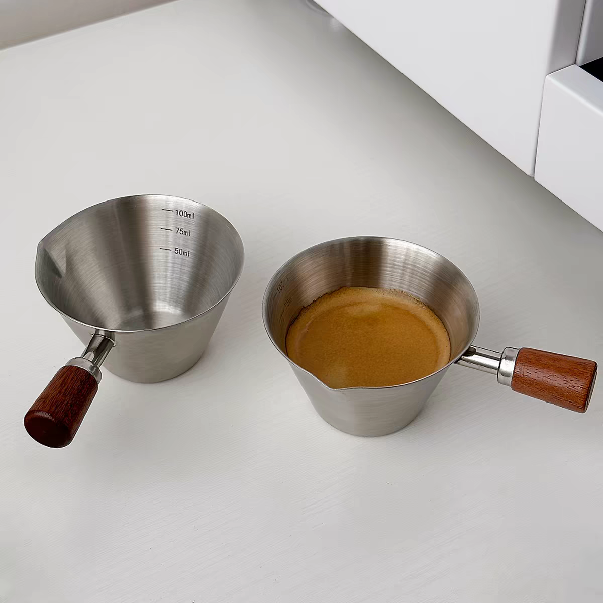 100ml Espresso Coffee Cup Brushed Stainless Steel Measuring Cup - Round Wooden Handle