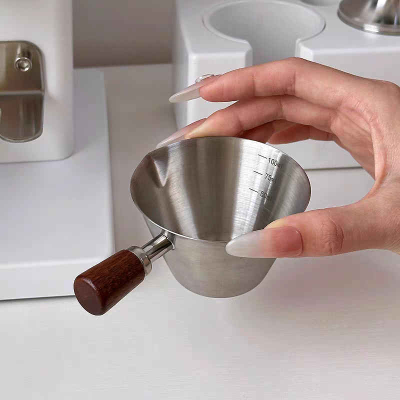 100ml Espresso Coffee Cup Brushed Stainless Steel Measuring Cup - Round Wooden Handle