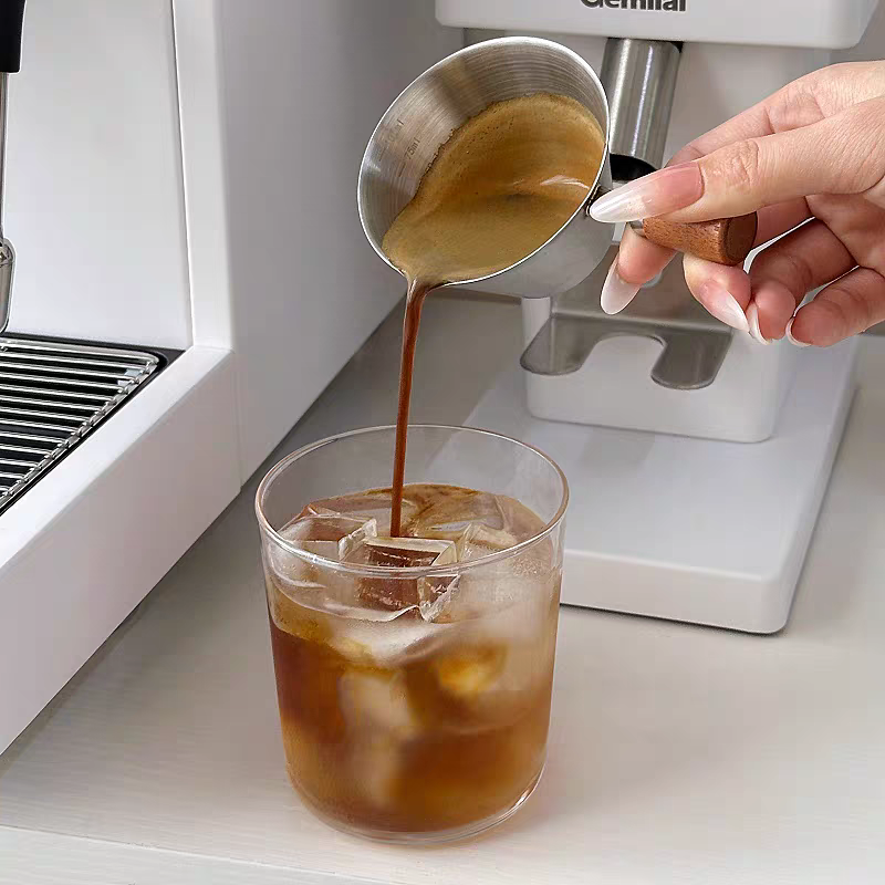 100ml Espresso Coffee Cup Brushed Stainless Steel Measuring Cup - Round Wooden Handle