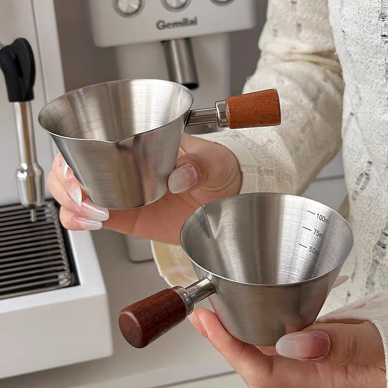 100ml Espresso Coffee Cup Brushed Stainless Steel Measuring Cup - Round Wooden Handle