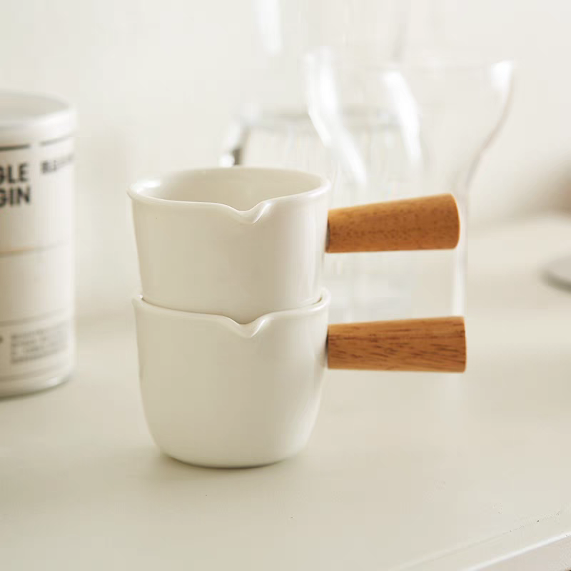 Milk Cup Sauce Ceramic Espresso Pouring Cup With Honey Wooden Handle