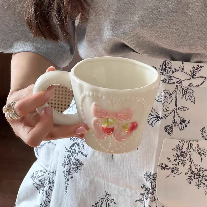 Beautiful Handmade Hand-painted Embossed Strawberry Ceramic Mug - Pink