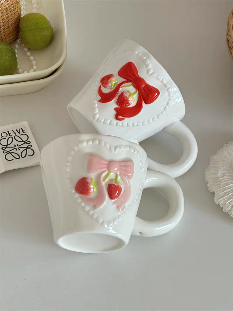 Beautiful Handmade Hand-painted Embossed Strawberry Ceramic Mug - Pink